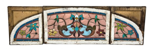 c. 1880's original and largely intact arch-top salvaged chicago stained glass triptych residential window with original painted wood sash frame