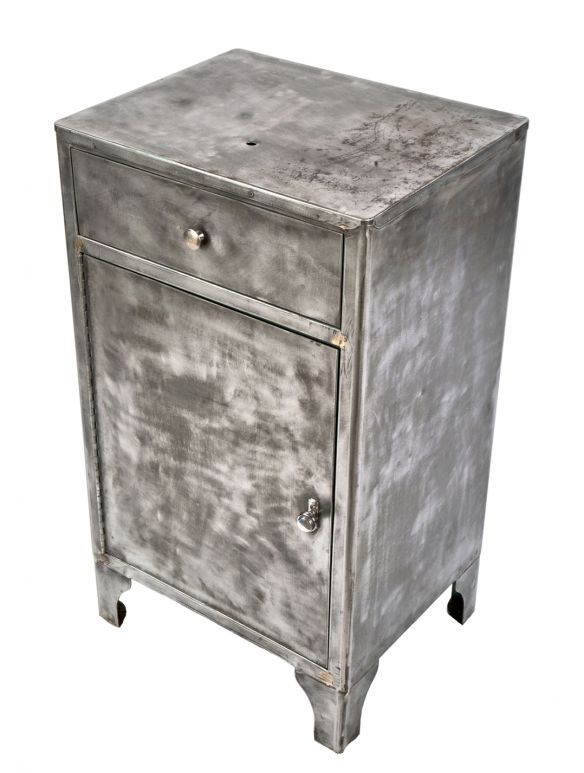 refinished c. 1930's vintage american industrial cold-rolled steel stationary medical cabinet with single pull-out drawer and hinged cabinet door