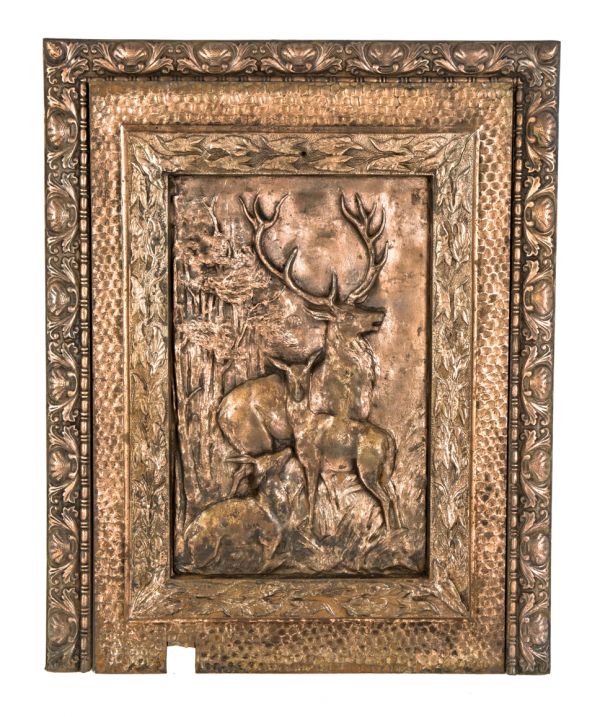 hard to find original copper-plated salvaged chicago ornamental cast iron interior residential 19th century figural fireplace insert and matching surround 