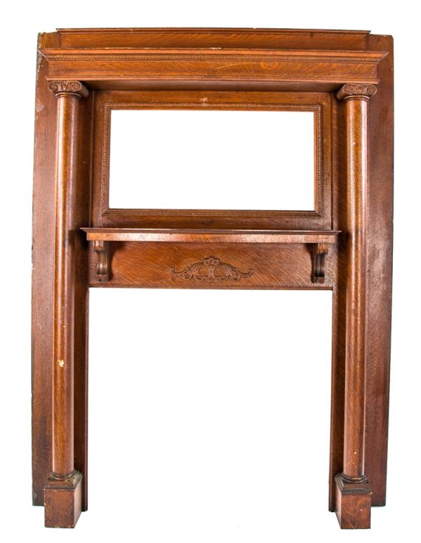 early 20th century all original salvaged chicago interior residential quarter-sawn oak wood full-sized fireplace mantel with original beveled edge glass mirror