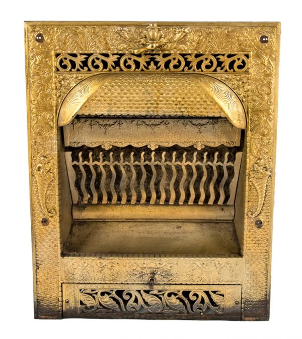 original late 19th century interior residential ornamental cast iron salvaged chicago dawson brothers fireplace gas insert with gold enameled finish  