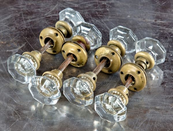 four matching pairs of c. 1920's antique american salvaged chicago jumbo-sized faceted glass interior residential passage door handles with matching rosettes 
