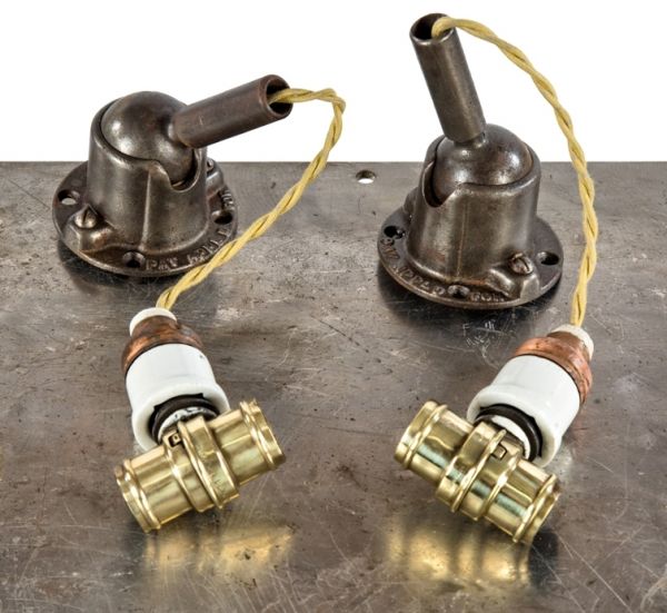 pair of 19th century crane brothers factory building ceiling or wall-mount faries wood and cast iron ball joint ceiling cap pendant lights or sconces with swivel sockets 