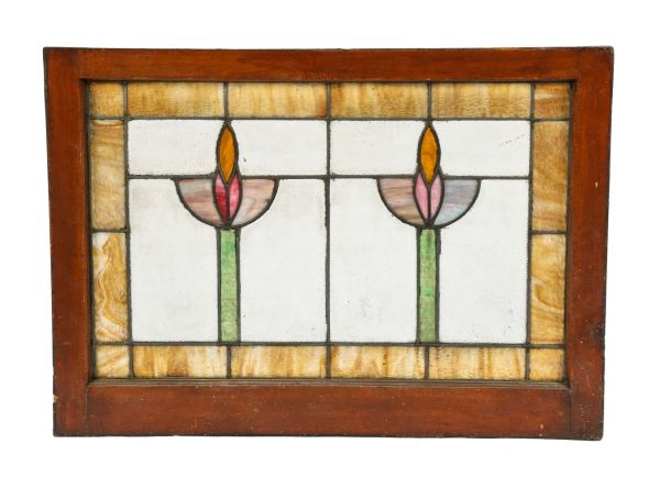 original salvaged chicago early 20th century arts & crafts or prairie style leaded art glass bungalow residential window featuring two richly colored abstract floral motifs