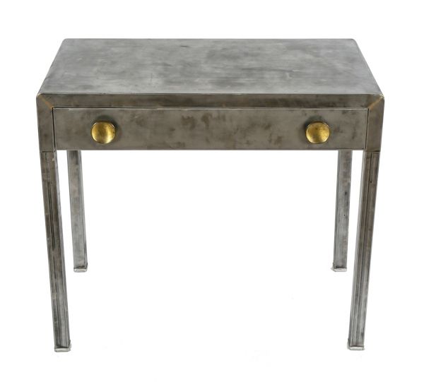 original c. 1940's american industrial pressed and folded steel simple and sleek simmons four-legged desk with single drawer containing original drawer pulls 