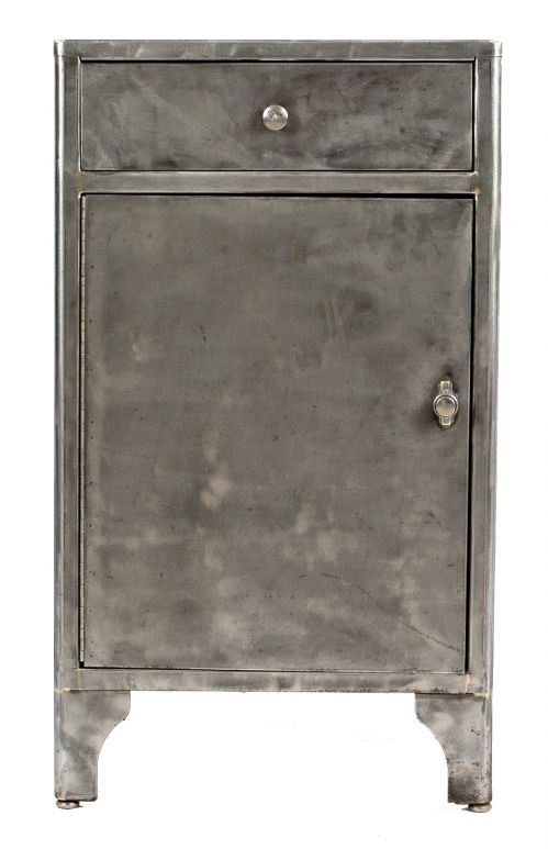original american depression era refinished pressed and folded brushed metal cook county hospital operating room storage cabinet with single drawer and cabinet door
