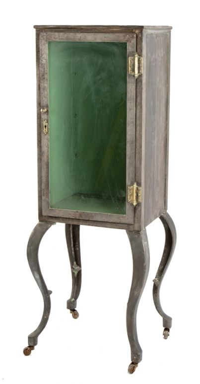 original highly desirable early 20th century antique american medical four-legged cabriole style instrument cabinet with intact removable glass shelves  