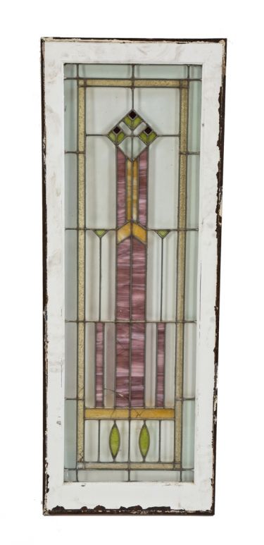 one of two matching original salvaged chicago interior residential early 20th century prairie style stained glass windows with strongly geometric designs 