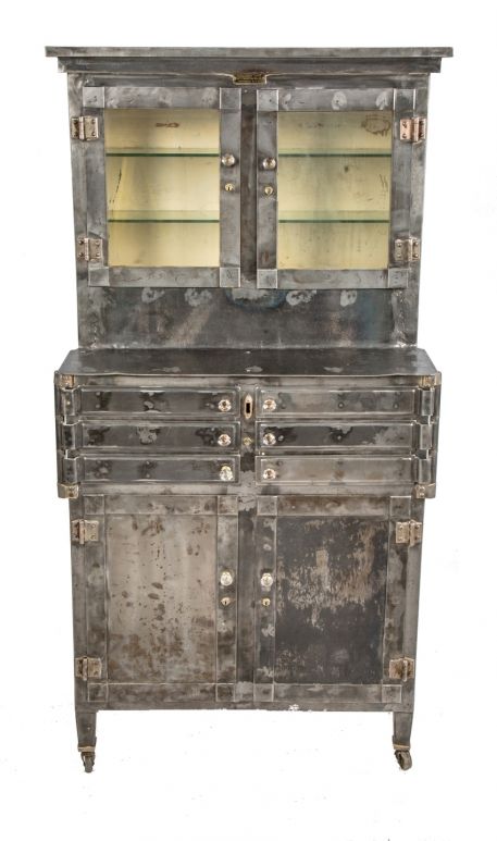 hard to find all original early 20th century antique american medical cold-rolled steel swing-out drawer "aseptic dental" cabinet with brushed metal finish sealed with a clear coat lacquer 