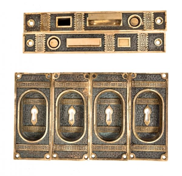 matching lot of original 1880's cast bronze oversized salvaged chicago "ivy" pattern interior residential pocket door plates and matching fully functional mortise locks