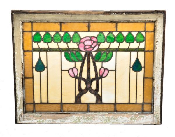 one of four matching original early 20th century richly colored art nouveau style variegated stained glass salvaged chicago transom window with centrally located flower