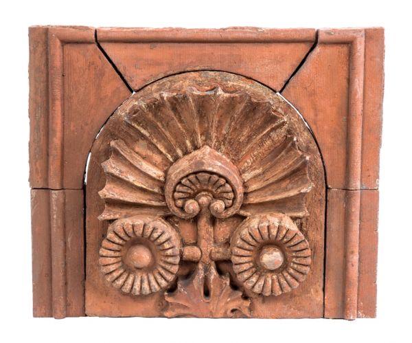 all original museum quality c. 1884 louis h. sullivan-designed exterior scoville building red slip glazed terra cotta lunette with segmented surround and deep undercuts  