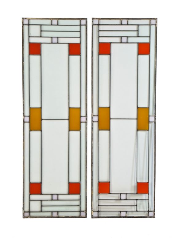 pair of original strongly geometric leaded glass windows with brightly colored flashed glass designed by william drummond for 1919 avery coonley playhouse remodel