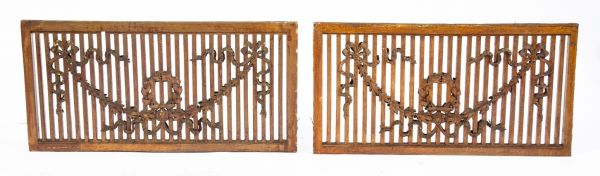 one of three matching original antique american victorian era double-sided oak wood salvaged chicago room divider screens or grilles with fanciful gesso ornament 