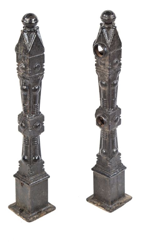two matching freestanding c. 19th century american made victorian era salvaged chicago ornamental cast iron "chicago style" exterior residential newel posts