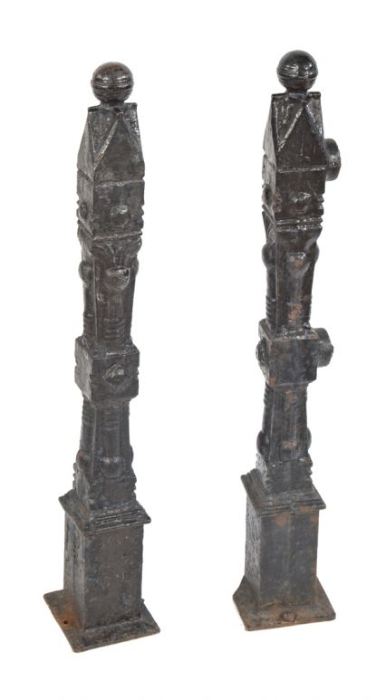original late 19th century matching ornamental cast iron exterior salvaged chicago freestanding fence newel posts with ball finials  