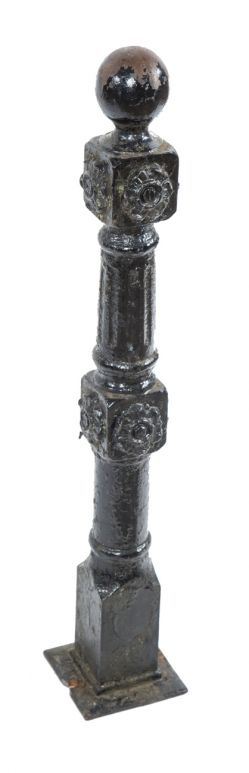 single 19th century original black enameled ornamental cast iron exterior residential freestanding salvaged chicago newel post with ball finial 