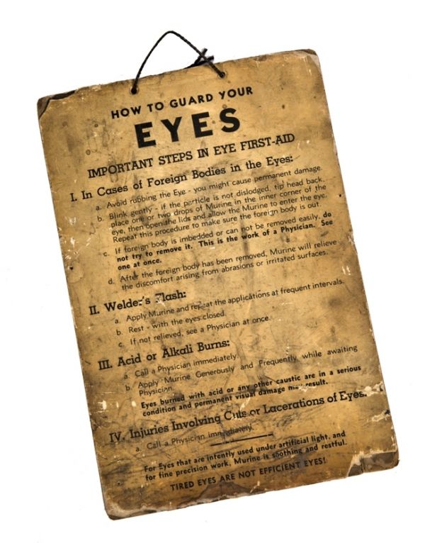 original single-sided 1940's vintage american industrial salvaged chicago a.finkl foundry "how to guard your eyes" hanging factory machine shop sign