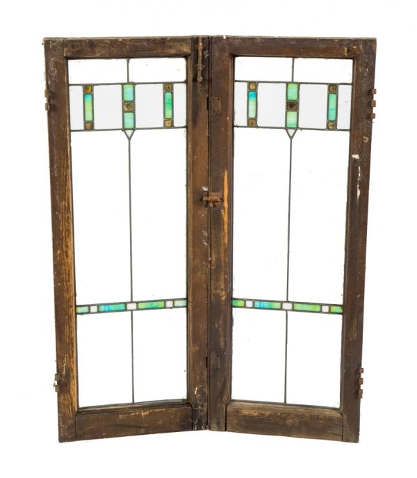 matching set of original and intact early 20th century leaded art glass interior residential salvaged chicago cabinet door windows with darkly stained wood frames