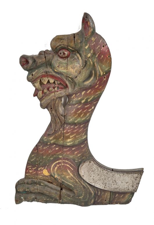museum quality late 19th or early 20th century hand carved polychromed wood amusement park dragon carousel chariot side fragment with allover crazing 