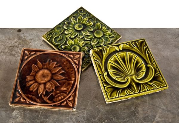 a collection of three richly colored 6x6 19th century antique american residential fireplace tiles with well-executed floral design motifs 