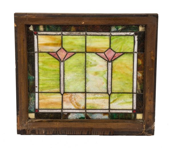 one of two matching original early 20th century salvaged chicago interior residential leaded art glass transom windows featuring variegated glass and abstract floral motifs