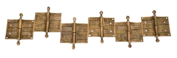 group of six matching ornamental cast brass antique american "ivy" pattern interior residential salvaged chicago eastlake style door hinges with ball and claw finials 