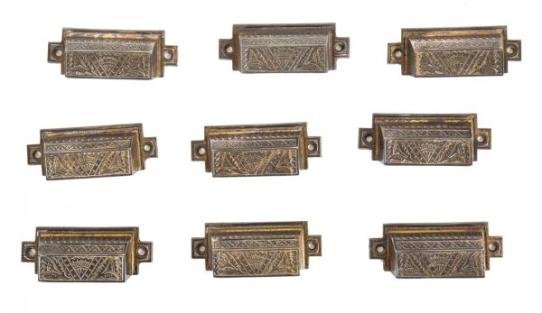 large lot of original copper-plated ornamental cast iron salvaged chicago branford "oriental" pattern interior residential flush mount cast iron drawer pulls