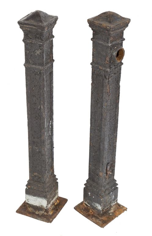 matching set of early 20th century original black enameled cast iron salvaged chicago antique american freestanding newel posts with nicely aged surface paint