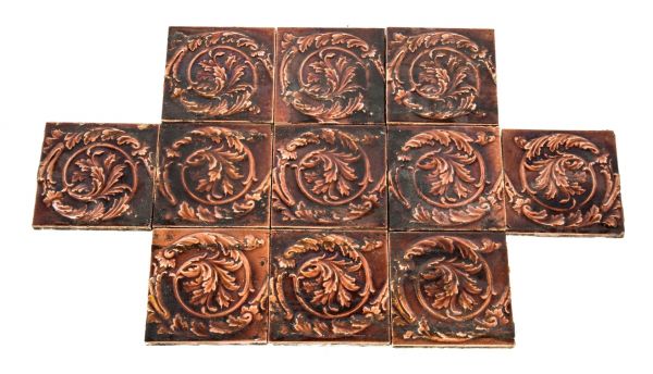 several matching original 19th century salvaged chicago interior residential victorian majolica glazed fireplace surround tiles with allover surface crazing  