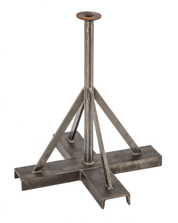 heavily reinforced repurposed vintage american industrial heavy gauge steel factory lathe roller stand base with uniform brushed metal finish 