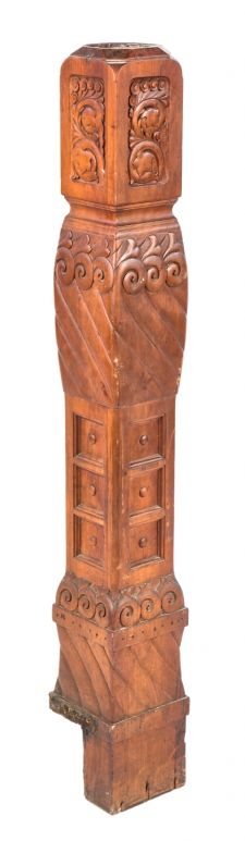 extraordinary c. 1880's hand-carved solid cherry wood american eastlake style interior residential staircase newel post with original and mostly uniform finish   