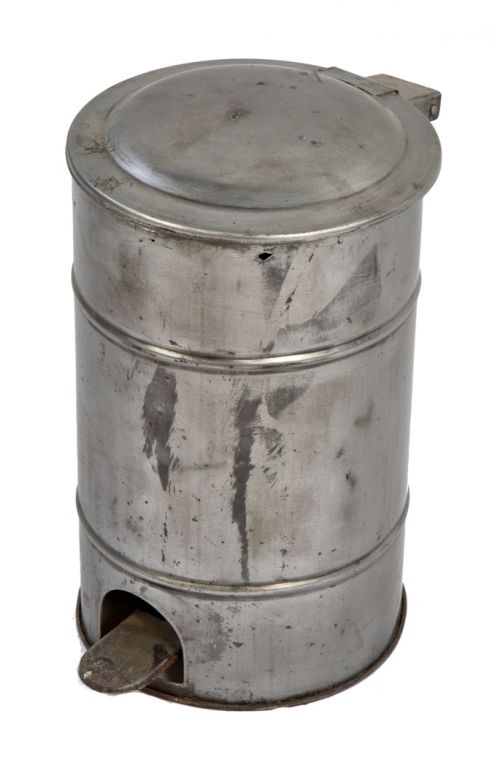 streamlined style c. 1930's brushed metal vintage industrial cold-rolled steel salvaged chicago "sani products" cylindrical-shaped trash can with fully functional foot-operated hinged cover