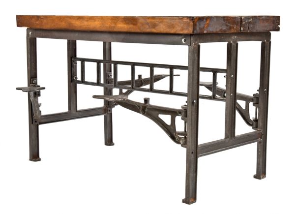 original early 20th century american industrial fully refinished brushed metal four swing-out seat salvaged chicago factory lunchroom "sani" cafeteria or lunchroom table with pine wood top