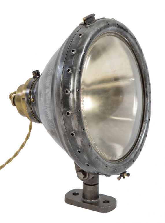 rewired c. 1920's antique american industrial brushed metal "x-ray" adjustable spotlight with ground glass lens and "mercury glass" gold enameled internal reflector 