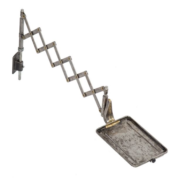 late 1930's american antique industrial wall-mount refinished brushed metal scissor or accordion style phone bracket with pressed and folded steel shelf and original mounting hardware 