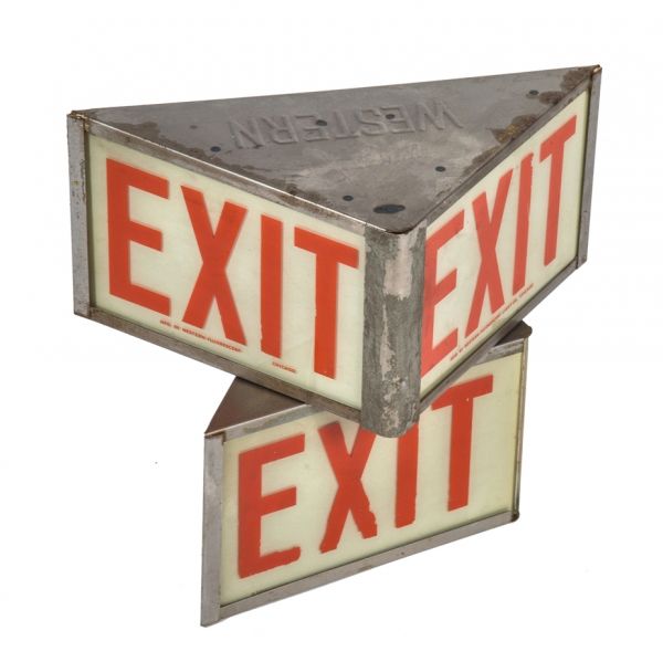 single all original and intact double-sided wall or ceiling mount salvaged chicago old industrial pressed metal illuminated exit sign with brightly colored red lettering