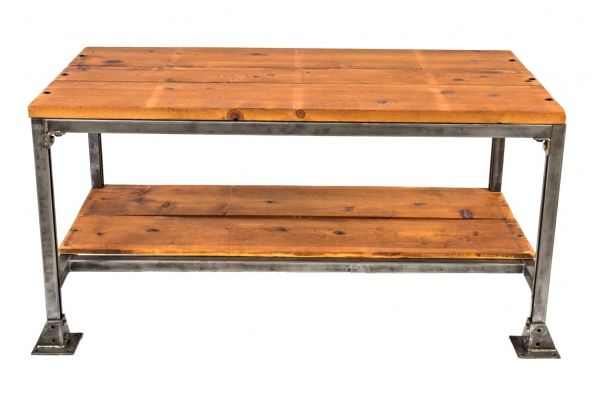 completely refinished c. 1940's american industrial brushed metal four-legged stationary factory work table or desk with bolted pine wood tabletop and undershelf