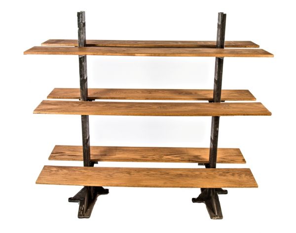 oversized salvaged chicago double-sided brushed metal pollard brothers factory machine shop pipe rack shelving unit with solid oak wood six foot shelves 