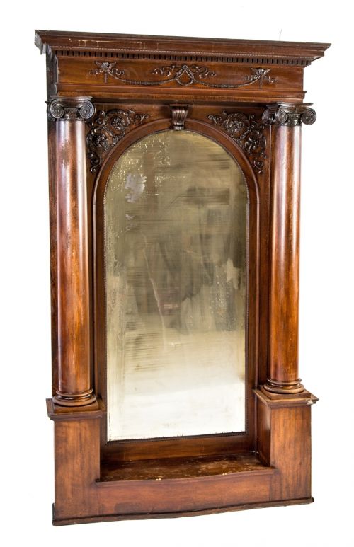original and amazingly intact 19th century high victorian salvaged chicago interior residential varnished birch or mahogany wood pier mirror with arch-top mirror 