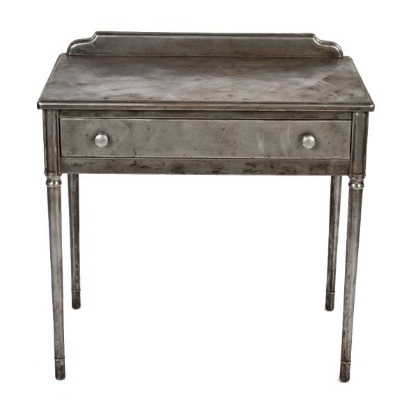 refinished american depression-era late 1930's pressed and folded "uhl art steel" four-legged stationary desk or side table with single pull-out drawer 