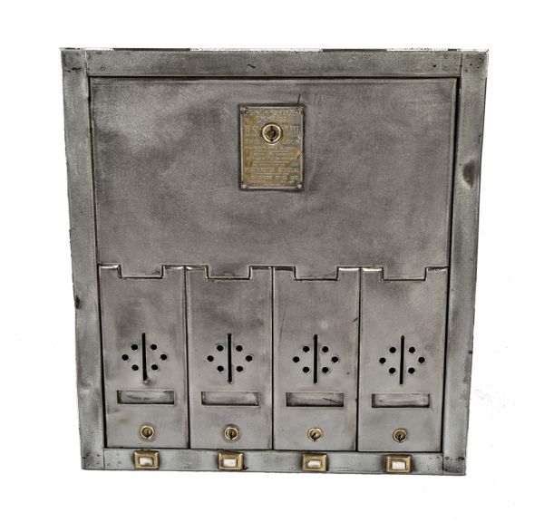 refinished c. 1930's american industrial pressed and folded steel "pry-proof" four-door interior commercial building mailbox unit with placard holders and push buttons 