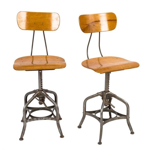two matching completely refinished 1940's original "uhl art steel" american industrial adjustable height brushed steel toledo stool with matching saddle seat and backrest
