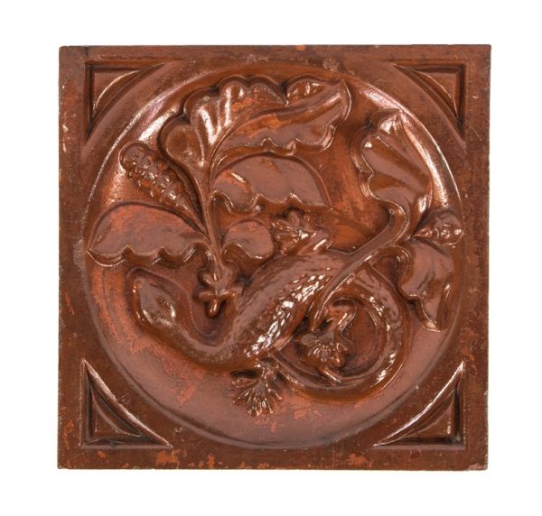 original single-sided flush mount antique american victorian era red slip glaze figural exterior facade panel featuring a salamander and intricate leafage 