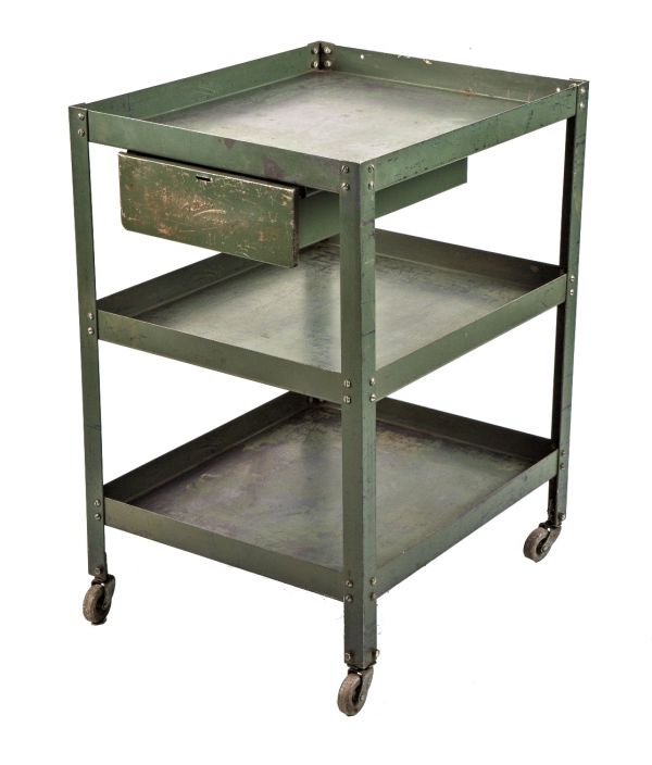 pollard green enameled late 1940's vintage american industrial four-legged pressed and folded steel three-tier collapsible mobile factory shop cart with bassick casters