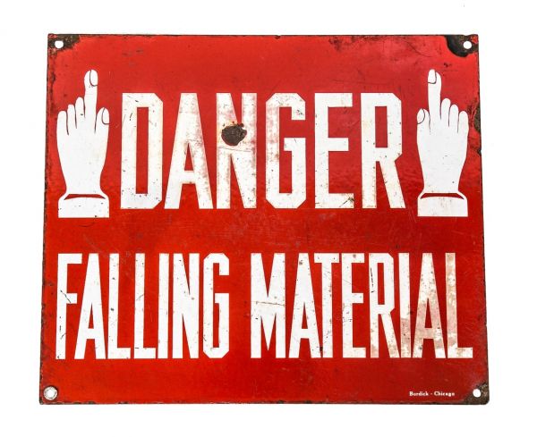 hard to find single-sided original antique american industrial chicago city street construction zone cherry red porcelain enameled die cut steel "falling material" sign with pointing fingers