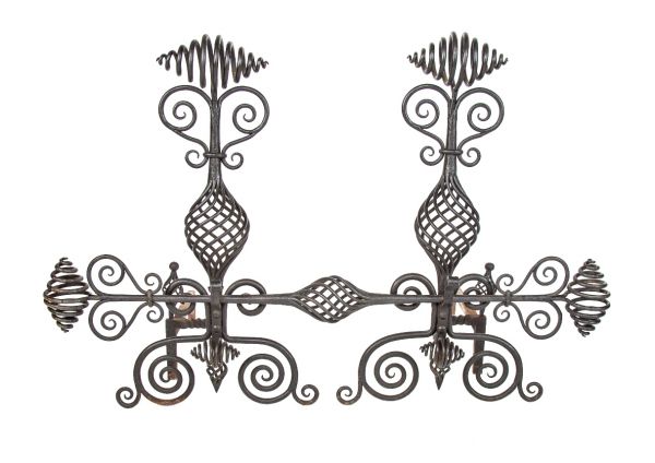 museum-quality all original late 19th century richardsonian romanesque style massive ornamental wrought iron residential or commercial building fireplace andirons  
