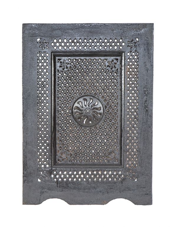 19th century antique american architectural ornamental cast iron interior residential fireplace summer cover with centrally located removable grille 