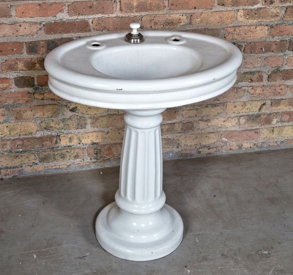 highly sough after all original late 19th century salvaged chicago antique interior residential freestanding white glazed porcelain enameled lavatory pedestal sink with oversized bowl