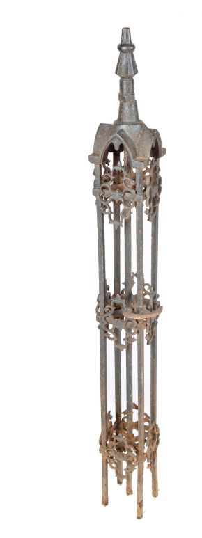 one of two original late 19th century antique american victorian era ornamental cast iron exterior residential newel posts with distinctive design   